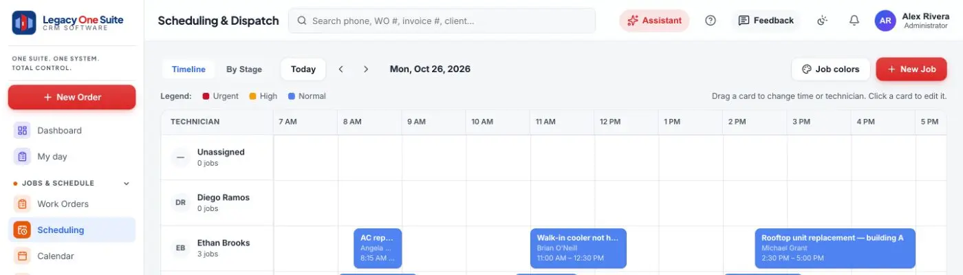 Legacy One Suite: scheduling and dispatch board